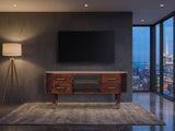 Erice Curved Mango Media Console under a wall-mounted screen in a city penthouse at blue hour