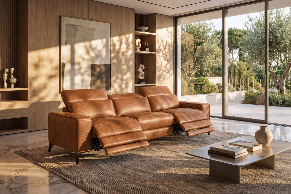 Esther Distressed Italian Aniline Leather Power Dual Recliner Sofa