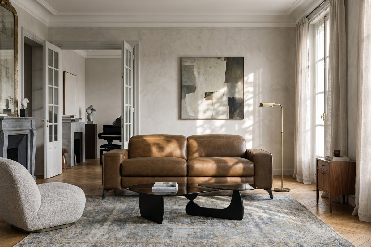 Esther Distressed Italian Aniline Leather Power Dual Recliner Sofa