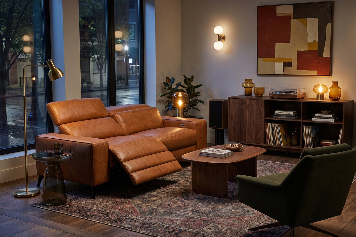 Esther Distressed Italian Aniline Leather Power Dual Recliner Sofa