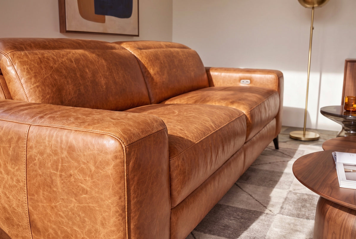 Esther Distressed Italian Aniline Leather Power Dual Recliner Sofa