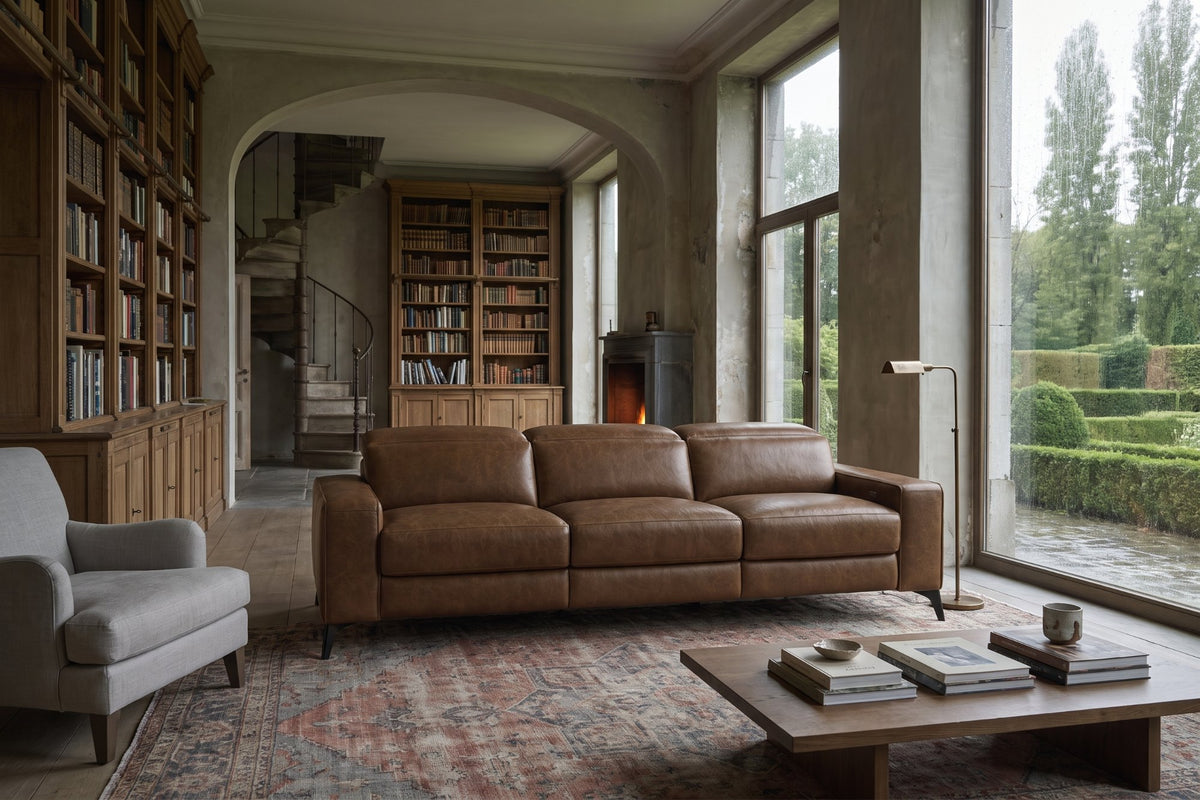 Esther Distressed Italian Aniline Leather Power Dual Recliner Sofa