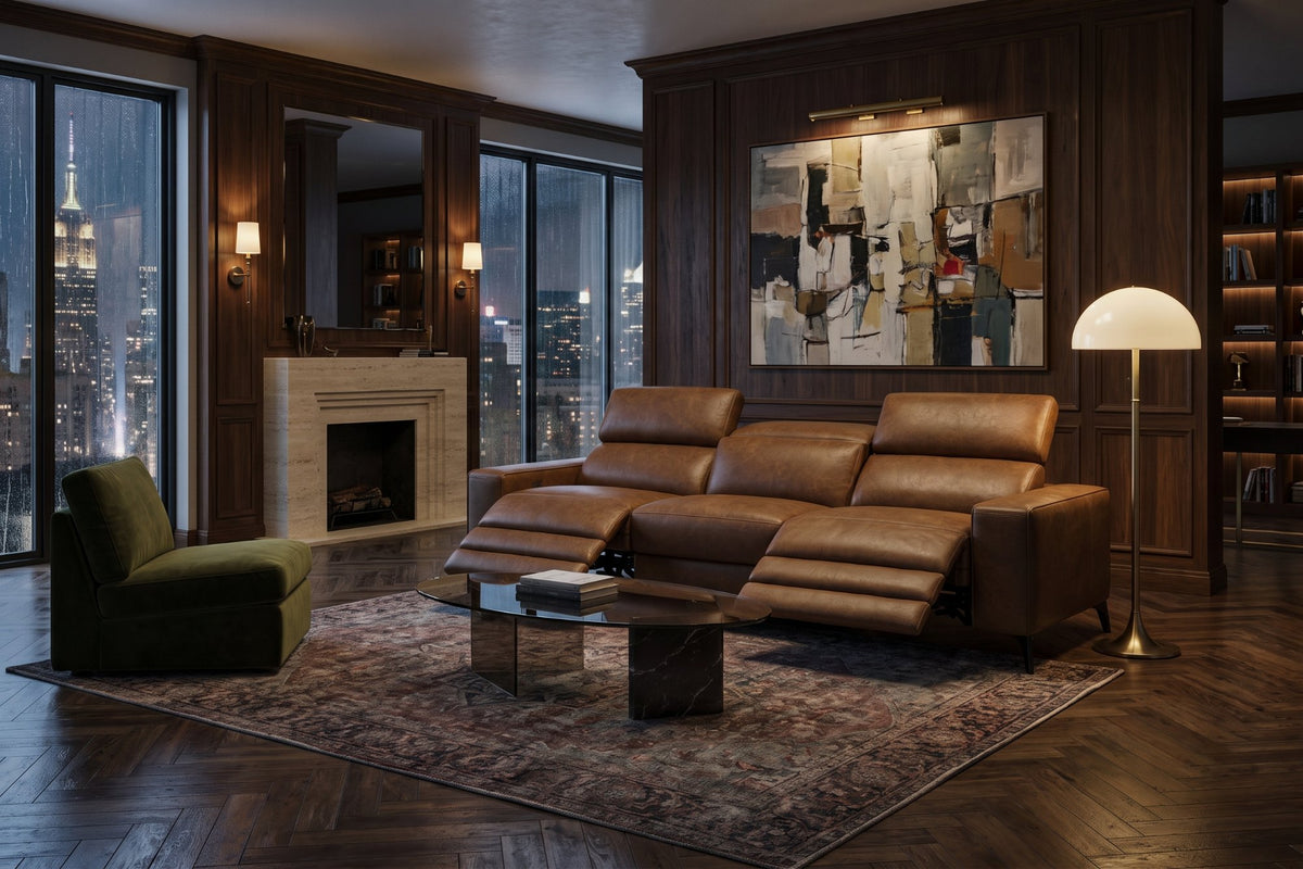 Esther Distressed Italian Aniline Leather Power Dual Recliner Sofa