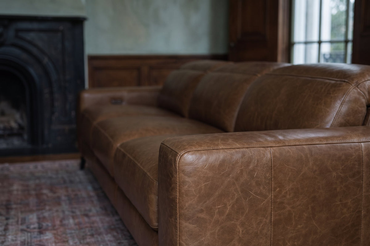Esther Distressed Italian Aniline Leather Power Dual Recliner Sofa