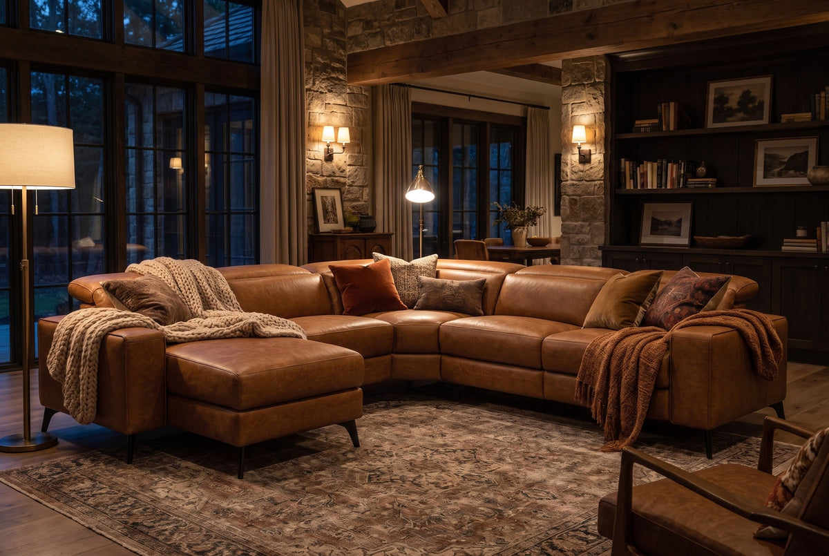 Esther Distressed Italian Aniline Leather Corner Recliner Sectional Sofa