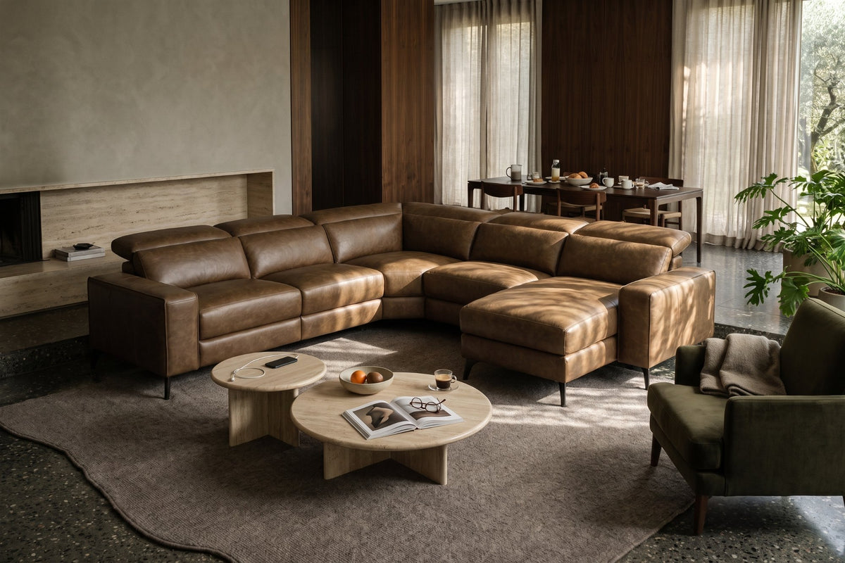 Esther Distressed Italian Aniline Leather Corner Recliner Sectional Sofa