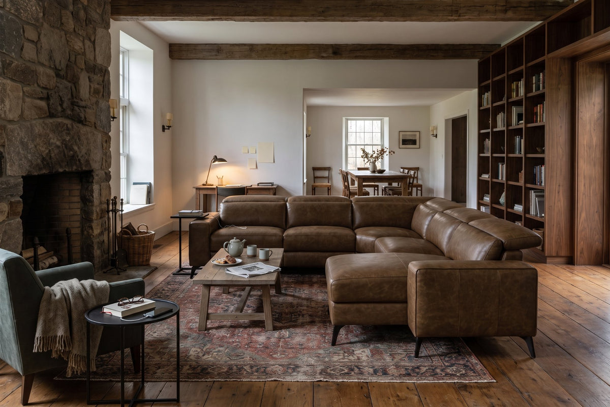 Esther Distressed Italian Aniline Leather Corner Recliner Sectional Sofa