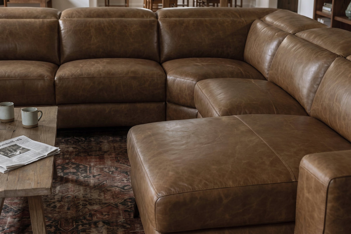 Esther Distressed Italian Aniline Leather Corner Recliner Sectional Sofa