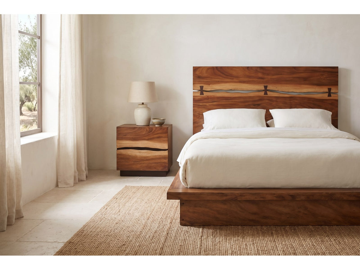 Fabriano Smokey Walnut Live-Edge-Style Bedroom Set: nightstand beside the bed