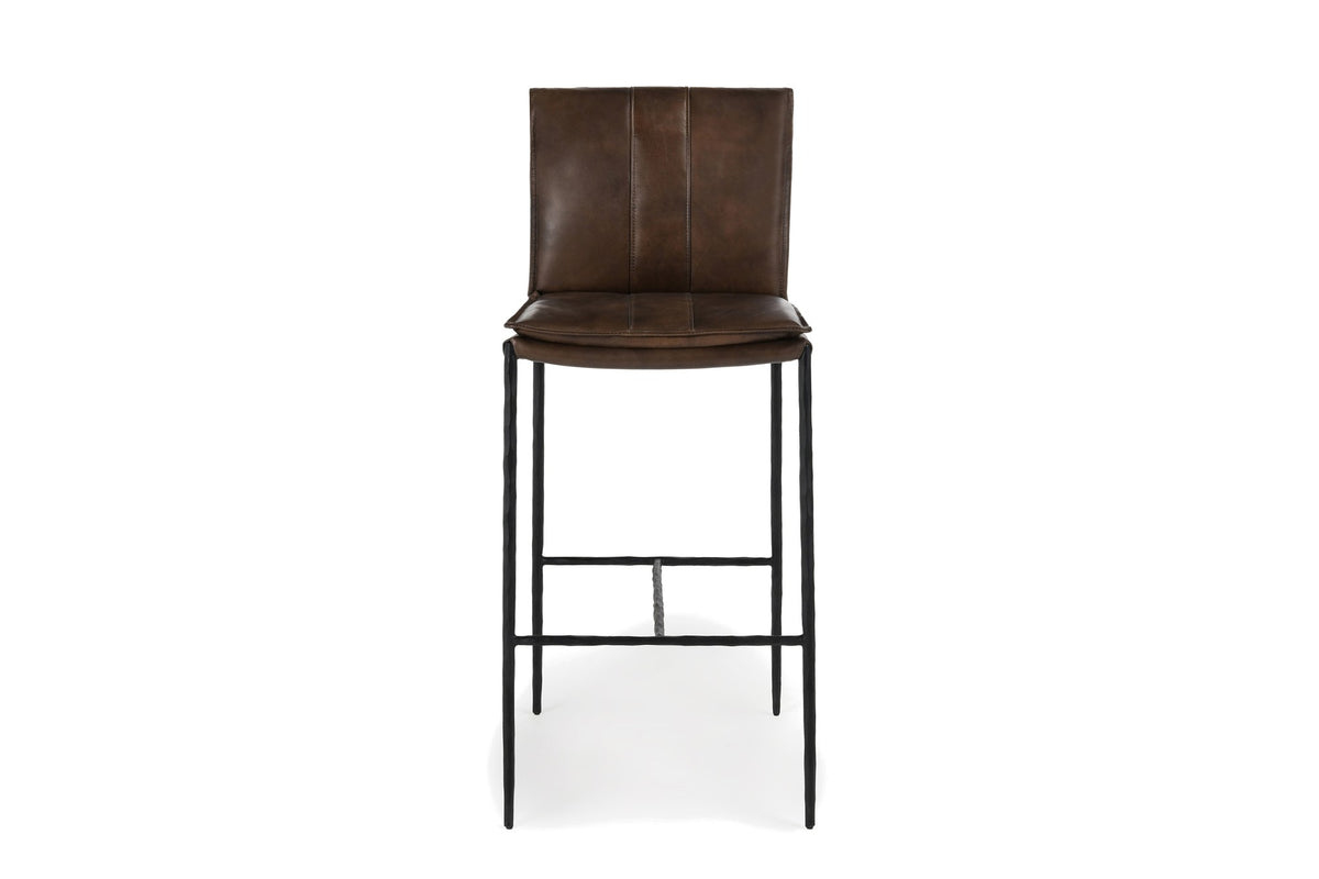 Falerna 30-Inch Top-Grain Leather Bar Stool with Hammered Iron Legs, front view