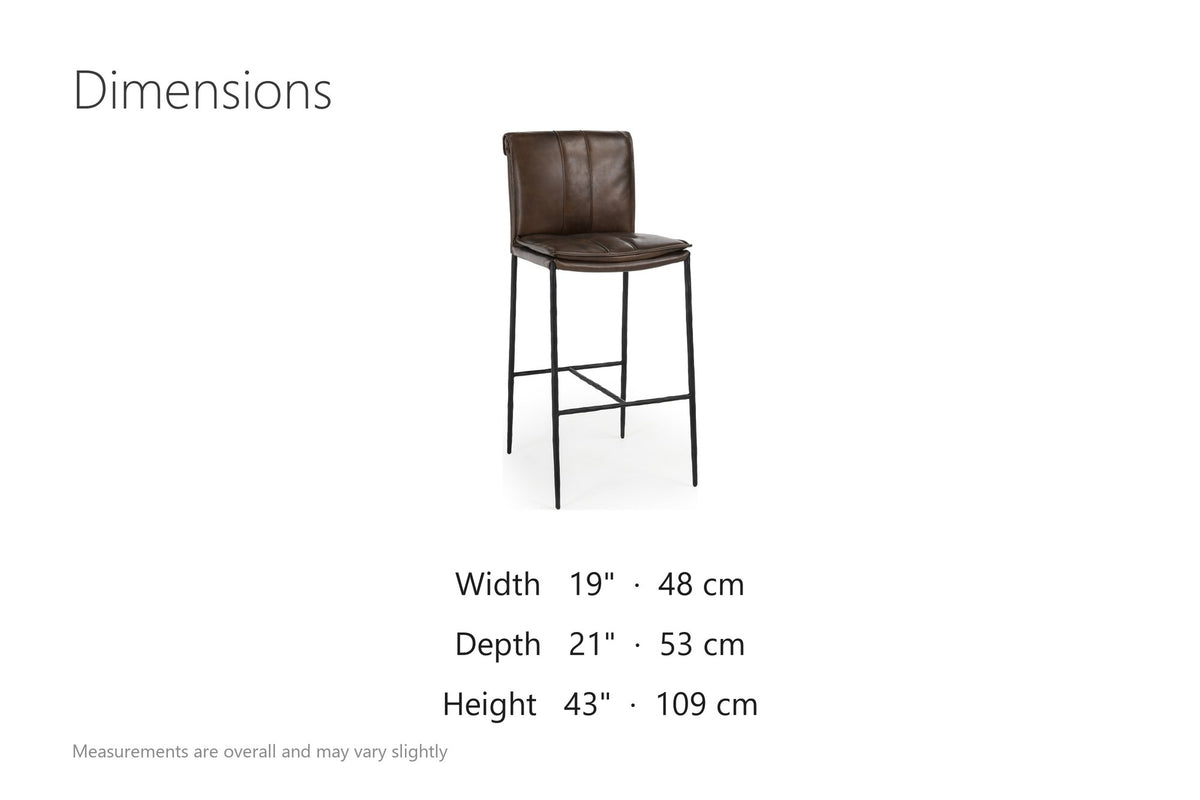 Falerna 30-Inch Top-Grain Leather Bar Stool with Hammered Iron Legs dimensions