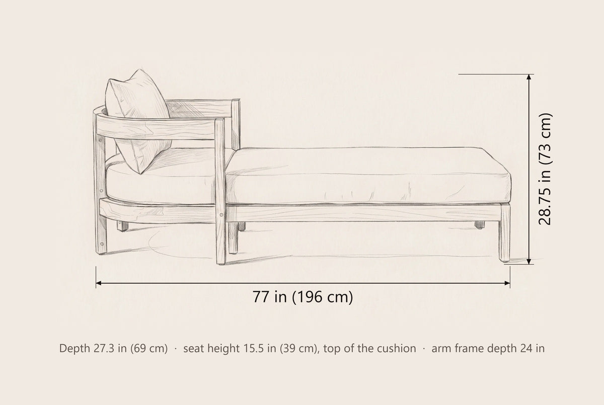 Favignana chaise lounge dimensions: 77 in long, 28.75 in high, 27.3 in deep