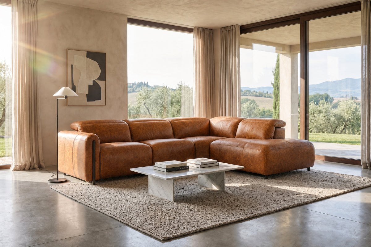 Octavia Distressed Italian Aniline Leather Reclining Corner Sectional Sofa