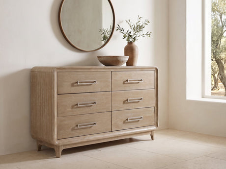 Feltre 62-Inch Natural Cerused Oak 6-Drawer Dresser under a round bronze mirror in a villa bedroom