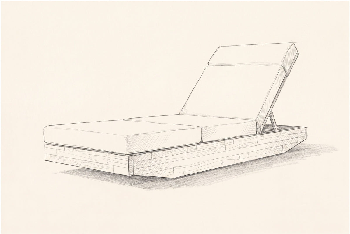 Pencil sketch of the Ferla chaise lounge, three-quarter view from the foot end