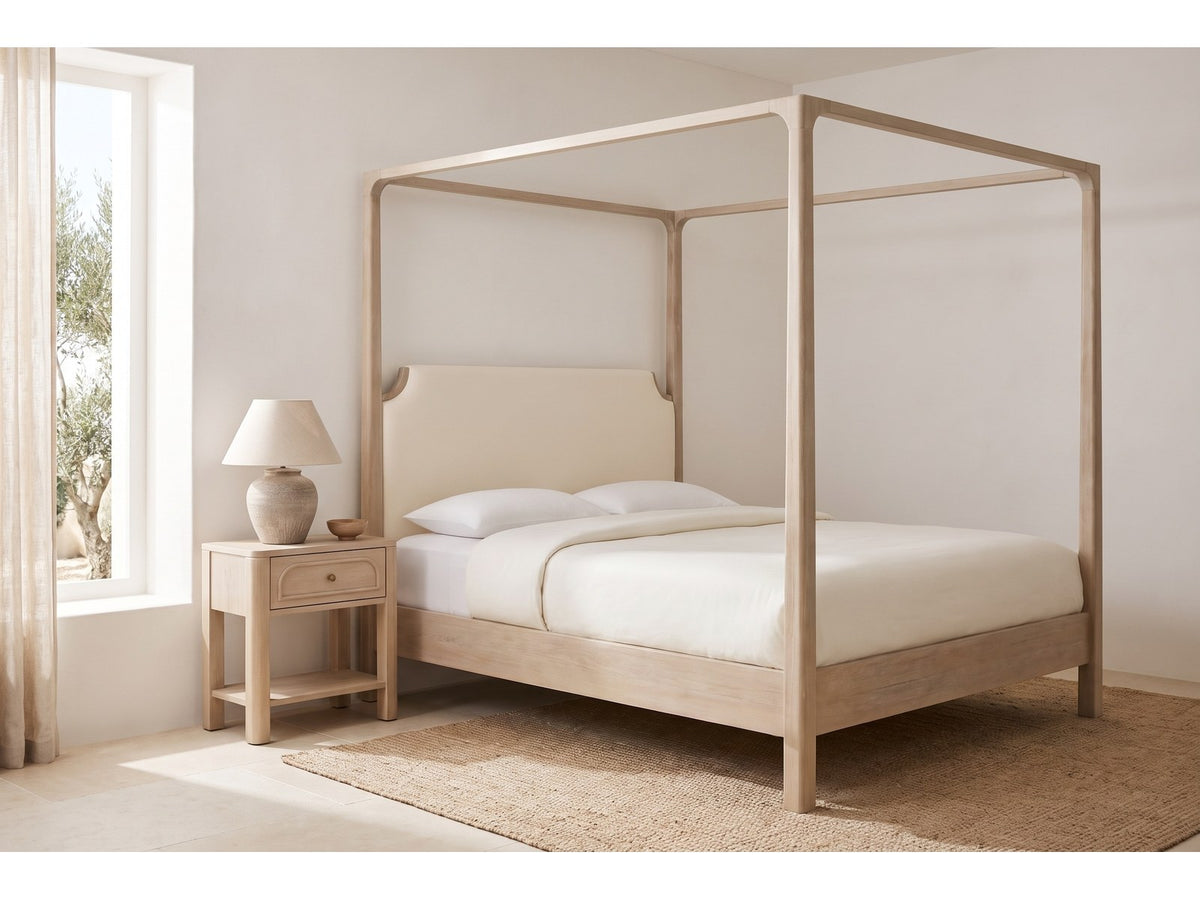 Fermo Weathered Mango Canopy Bedroom Set: nightstand beside the bed