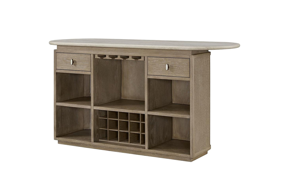 Feroleto 72-Inch 2-Drawer Home Bar with Travertine Top and Rope Front on a white background