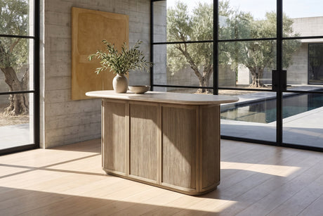 Feroleto 72-Inch 2-Drawer Home Bar with Travertine Top and Rope Front in a sunlit villa dining room