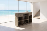 Feroleto 72-Inch 2-Drawer Home Bar with Travertine Top and Rope Front in an oceanfront glass house