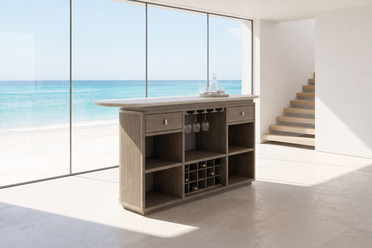 Feroleto 72-Inch 2-Drawer Home Bar with Travertine Top and Rope Front in an oceanfront glass house