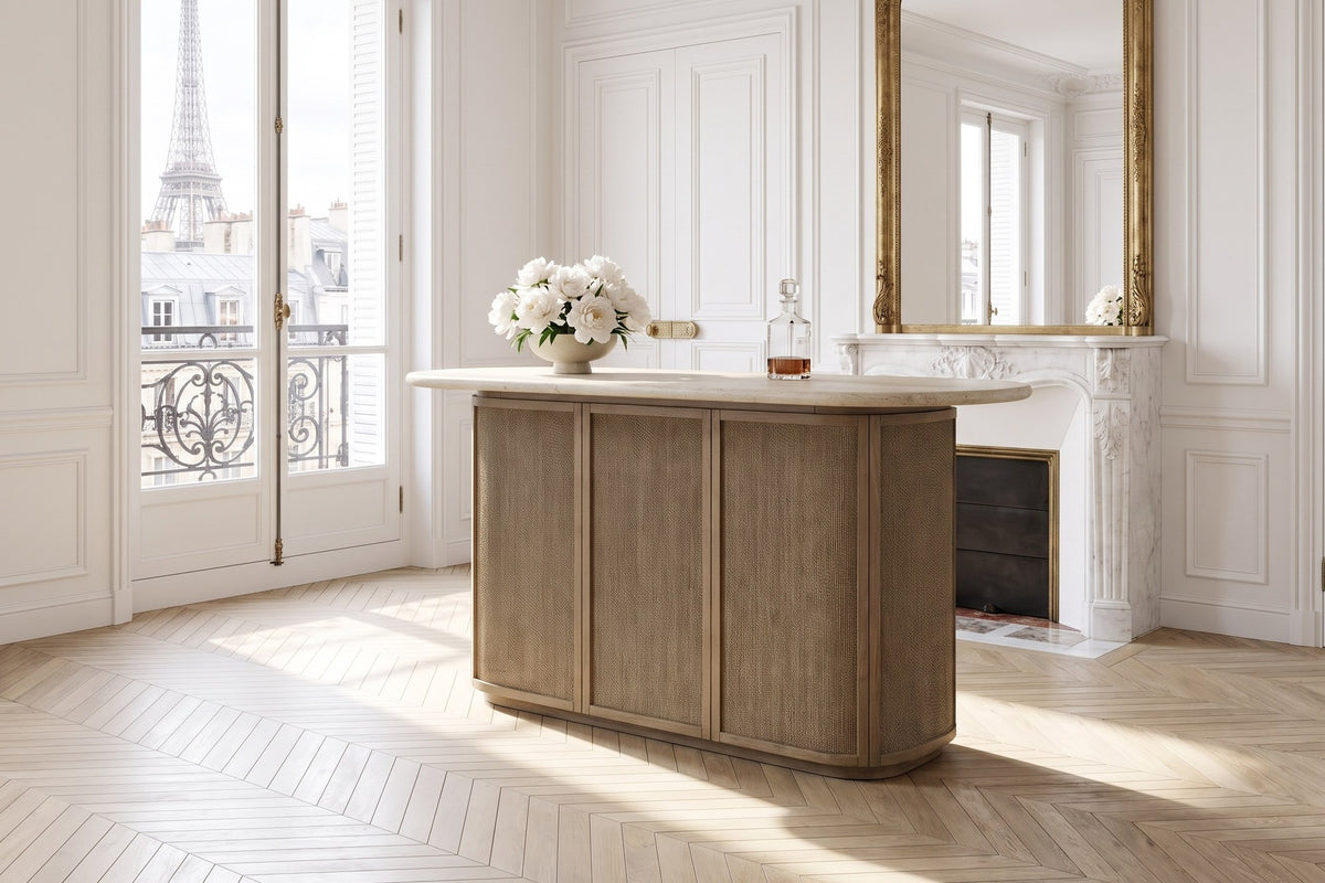 Feroleto 72-Inch 2-Drawer Home Bar with Travertine Top and Rope Front in a Paris salon