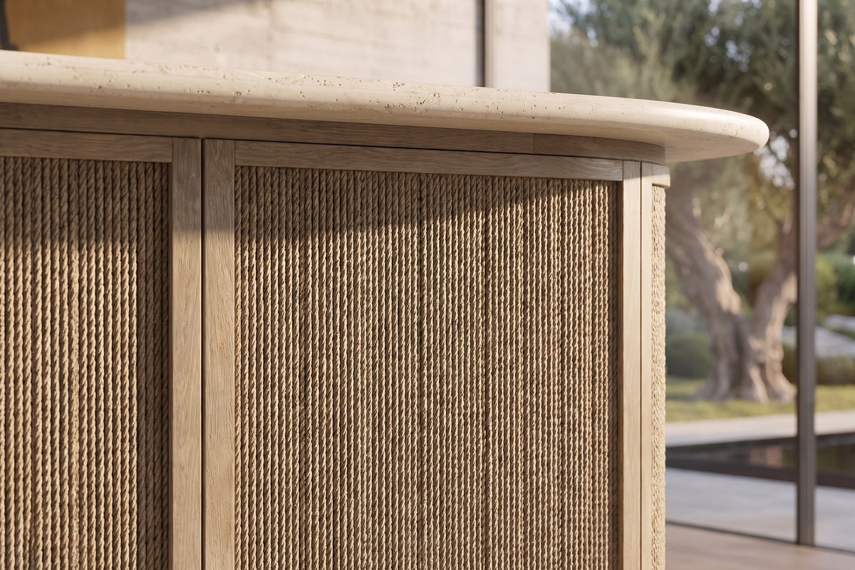 Close-up of the Feroleto 72-Inch 2-Drawer Home Bar with Travertine Top and Rope Front: rope
