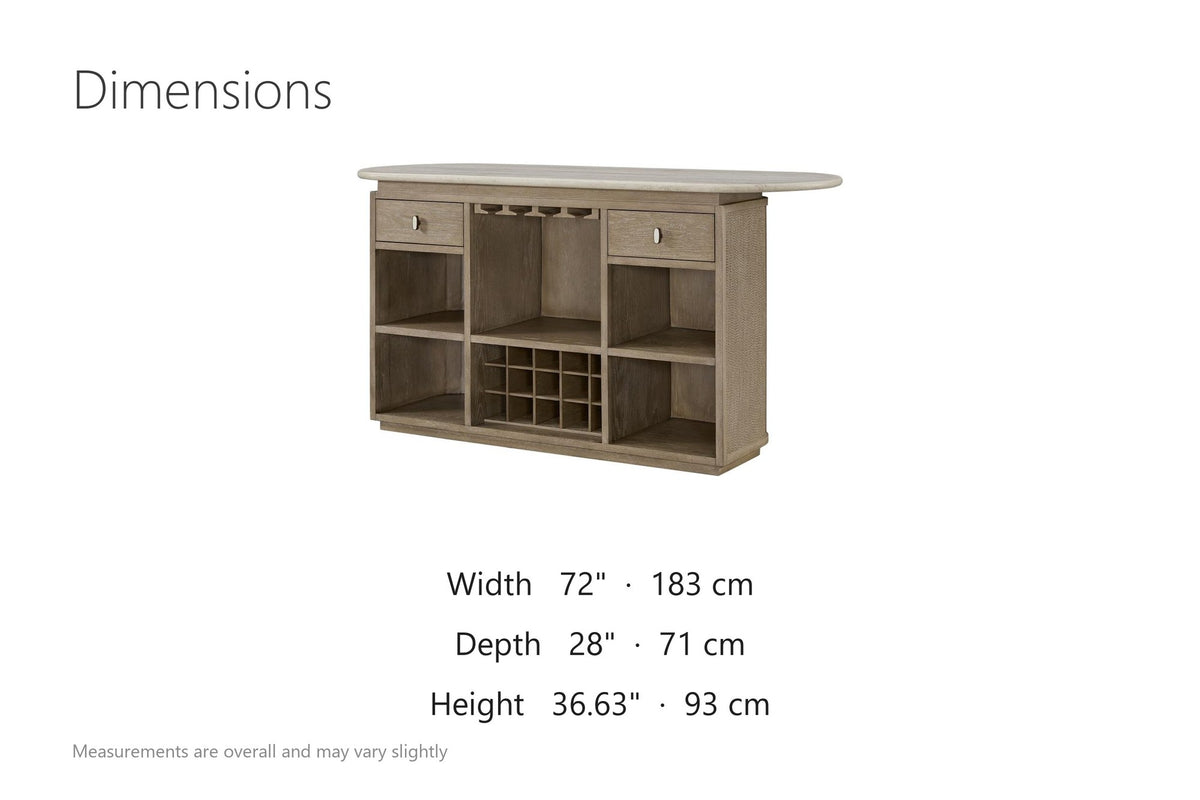 Feroleto 72-Inch 2-Drawer Home Bar with Travertine Top and Rope Front dimensions