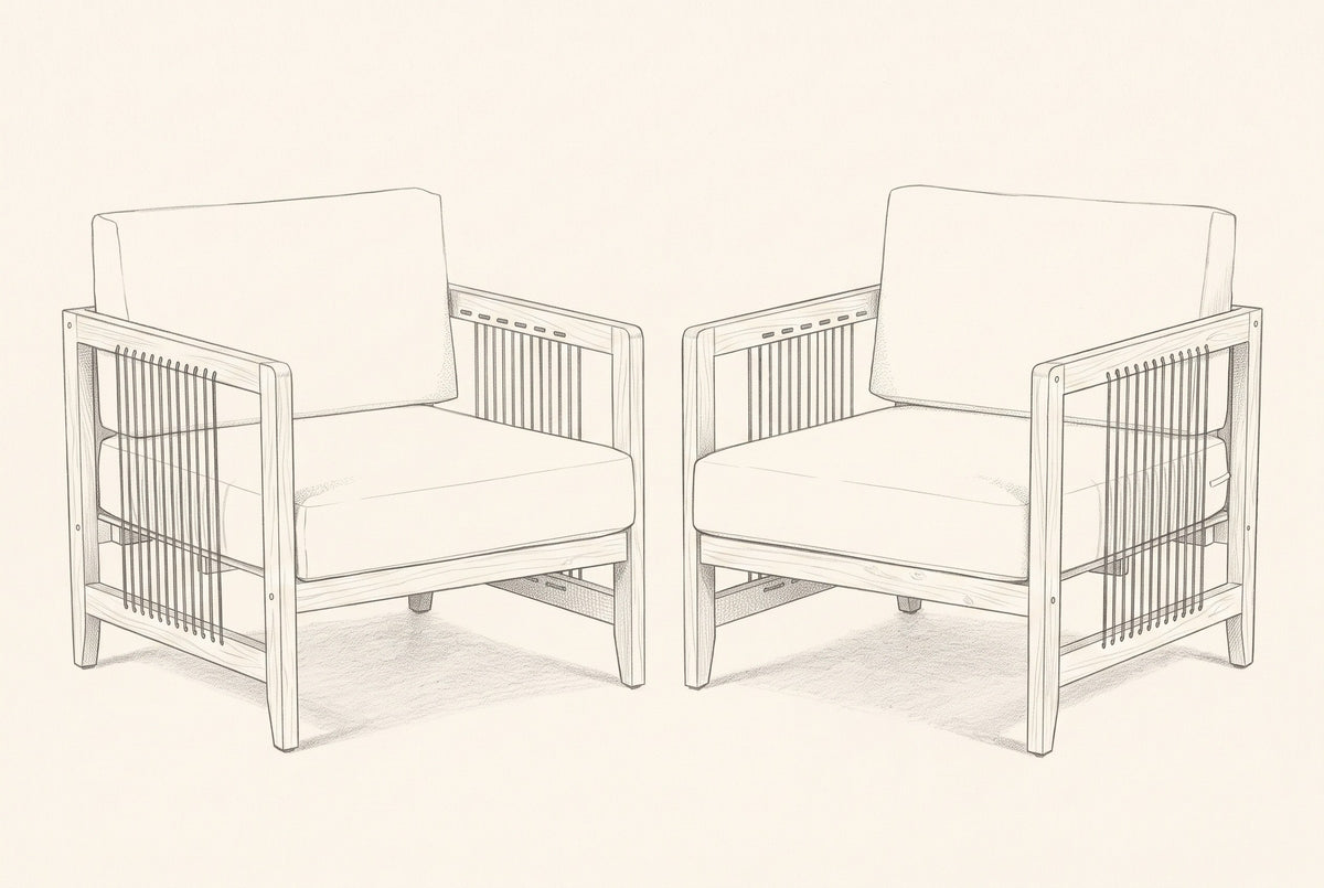Pencil sketch of the two Ficarra armchairs, three-quarter view