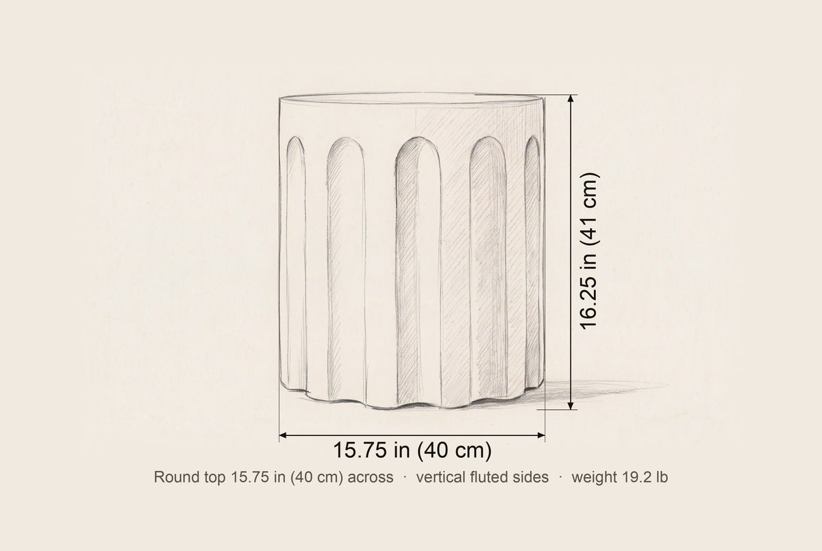 Ficuzza side table dimensions: 15.75 in across, 16.25 in high
