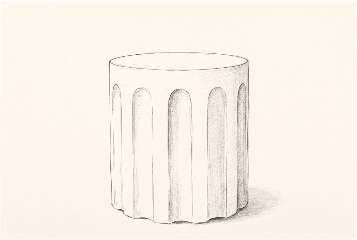 Pencil sketch of the Ficuzza fluted cylinder side table, three-quarter view