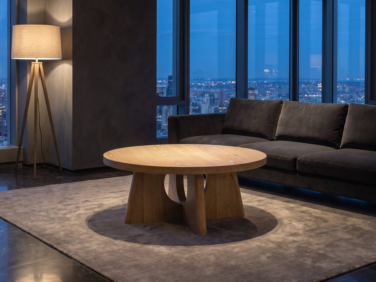 Fiesole Cerused Oak Veneer Round Pedestal Coffee Table on a wool rug in front of a velvet sofa in a city penthouse at blue hour