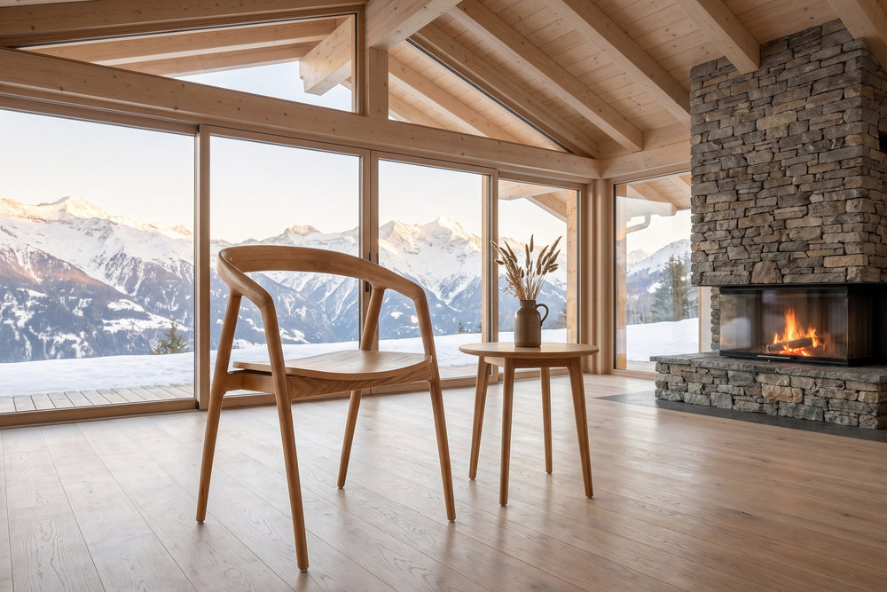 Filadelfia Sculpted Oak Wood Dining Arm Chair in an alpine chalet