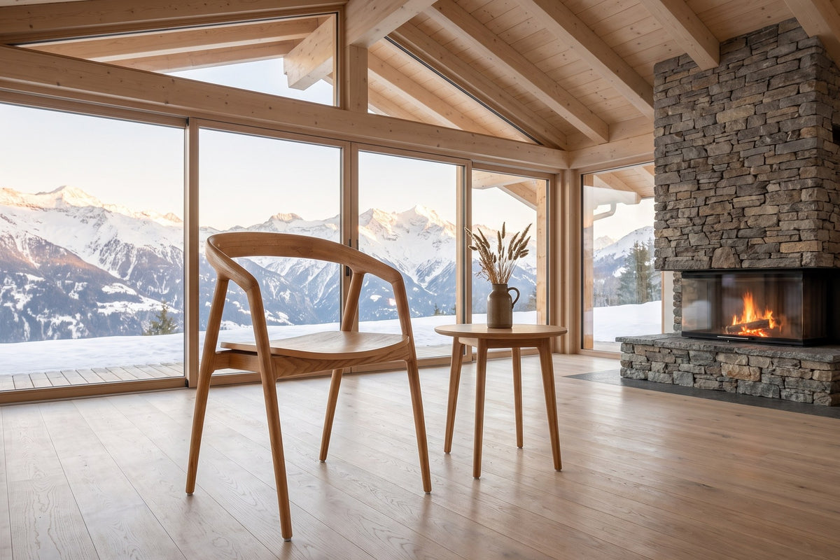 Filadelfia Sculpted Oak Wood Dining Arm Chair in an alpine chalet