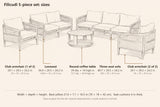 Filicudi five-piece set sizes: sofa 80.7 by 29.5 by 24.2 inches, loveseat 56.9 by 29.5 by 24.2, club armchair 29.1 by 29.5 by 24.2, round coffee table 29 across and 14 high