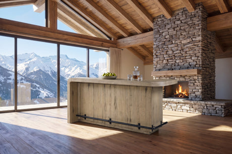 Firmo 78-Inch 2-Drawer Knotty Oak Veneer Counter-Height Home Bar with Footrest in an alpine chalet