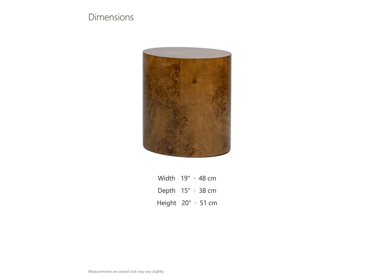 Fiumefreddo Walnut Burl Oval Pillar Side Table dimensions: 19.0 in wide, 15.0 in deep, 20.0 in high