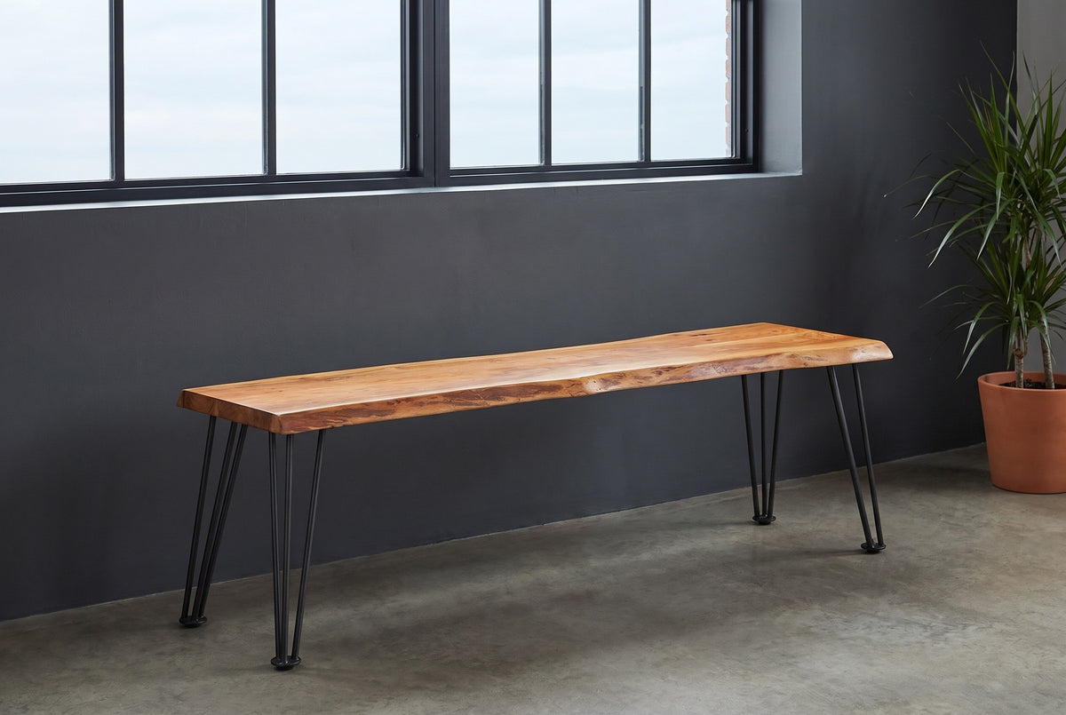 Foligno live-edge bench against a charcoal plaster wall under a tall black steel window in a Detroit loft with a concrete floor and a potted plant