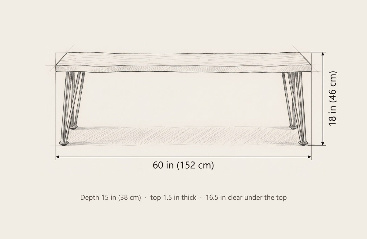 Foligno bench dimensions: 60 in long, 18 in high, 15 in deep