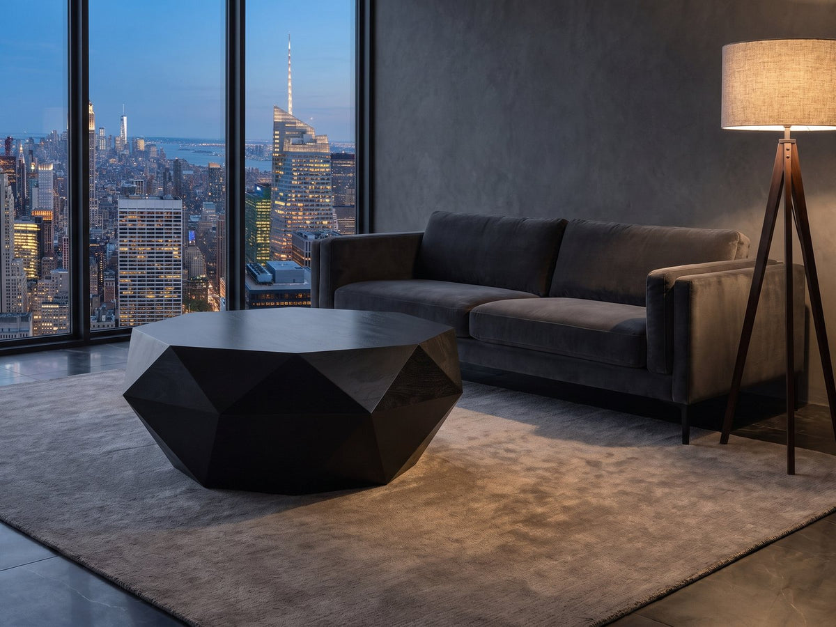 Follonica Faceted Acacia Coffee Table seen from the side, on a wool rug in front of a velvet sofa in a city penthouse at blue hour