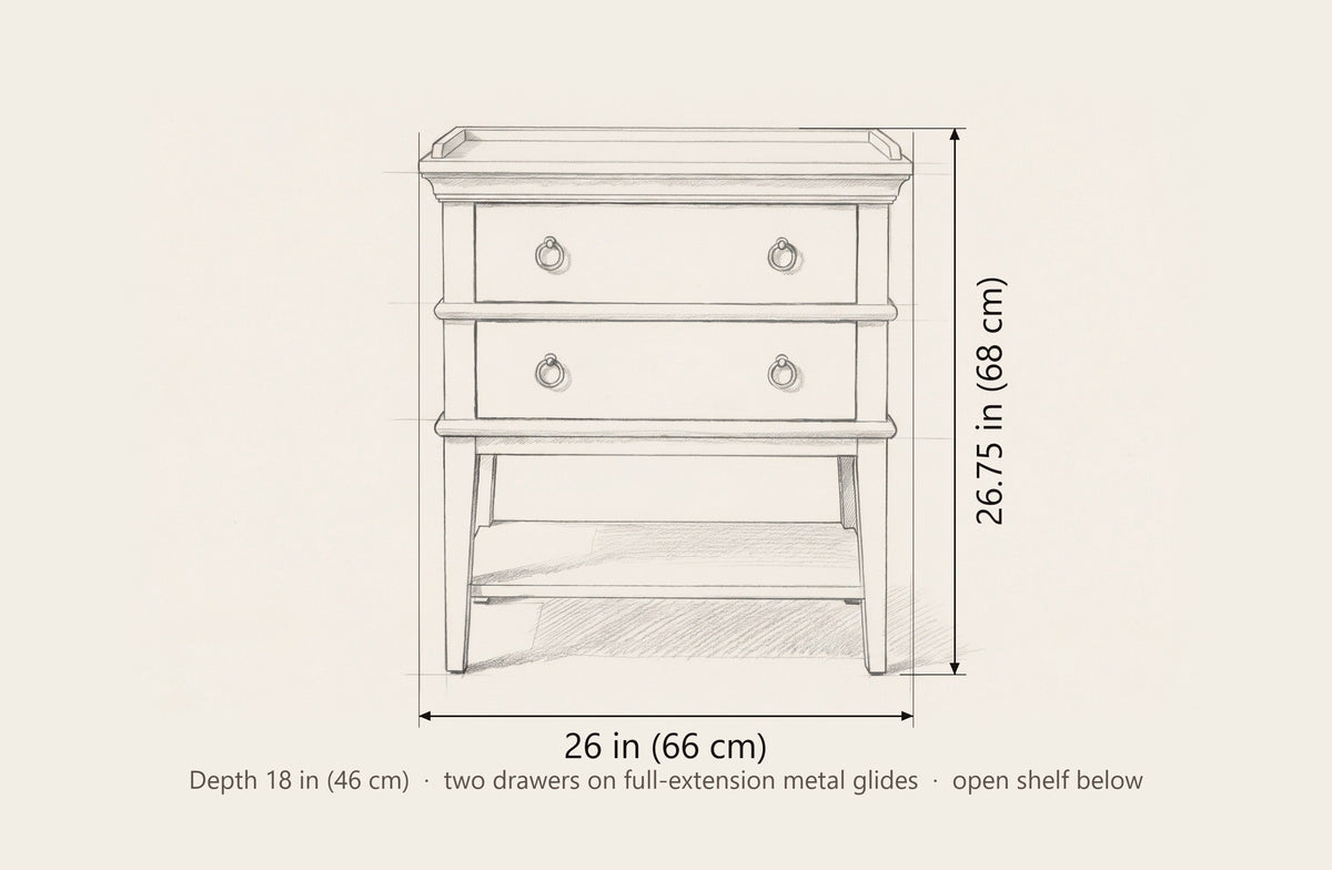 Fonni nightstand dimensions: 26 in wide, 26.75 in high, 18 in deep