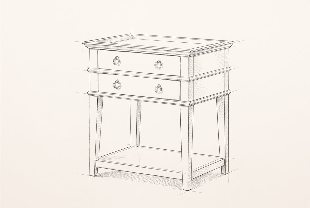 Pencil sketch of the Fonni nightstand, drawn from the same three-quarter view