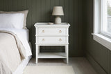 Fonni white tray-top nightstand against sage-green tongue-and-groove boarding in a Seattle Craftsman bedroom with a pale oak floor