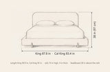 Fossacesia bed dimensions: King 87.8 in wide, 90.9 in long; California King 83.4 in wide, 95 in long; 38 in high; rails 10 in high