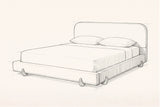 Pencil sketch of the Fossacesia bed with a mattress and two pillows, drawn from the same three-quarter view