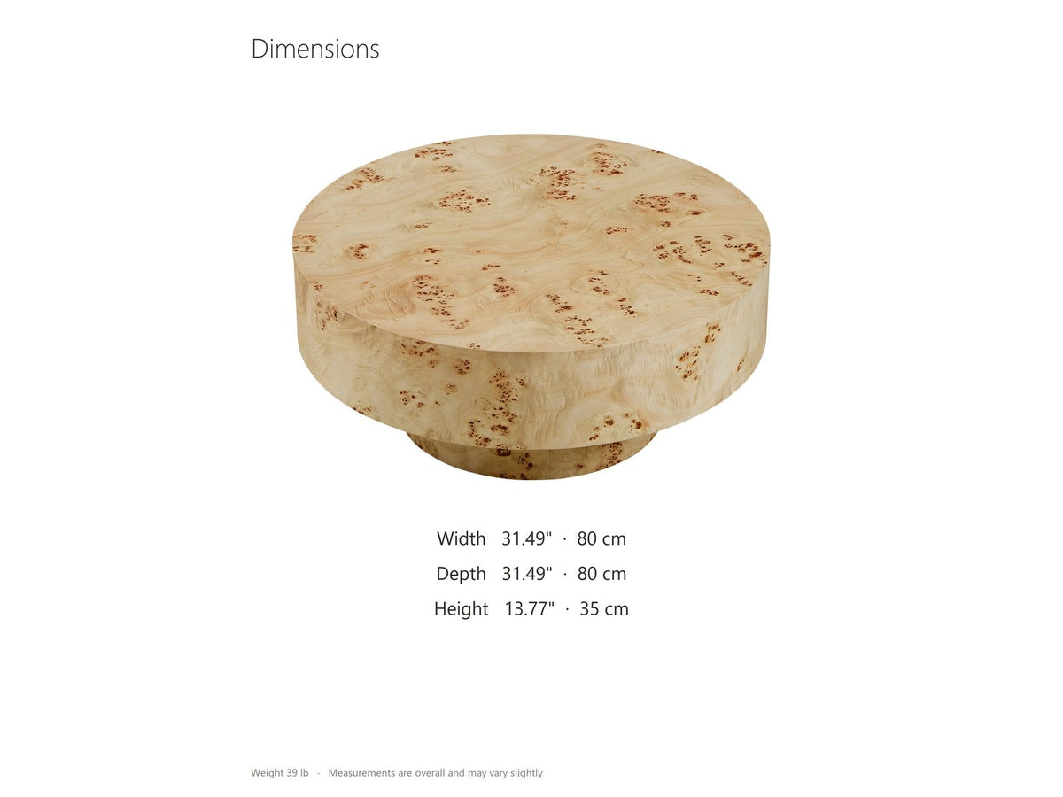 Fossano 31.5-Inch Round Burl Wood Veneer Pedestal Coffee Table dimensions: 31.49 in wide, 31.49 in deep, 13.77 in high