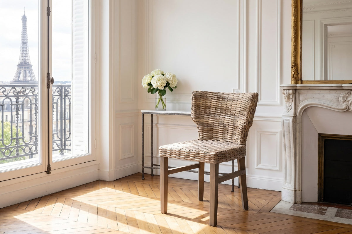 Frascineto Wingback Grey Rattan Dining Chair in a Paris salon