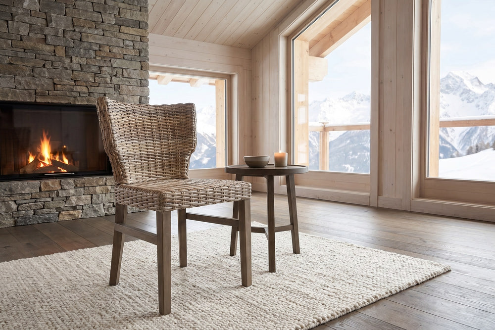 Frascineto Wingback Grey Rattan Dining Chair in an alpine chalet