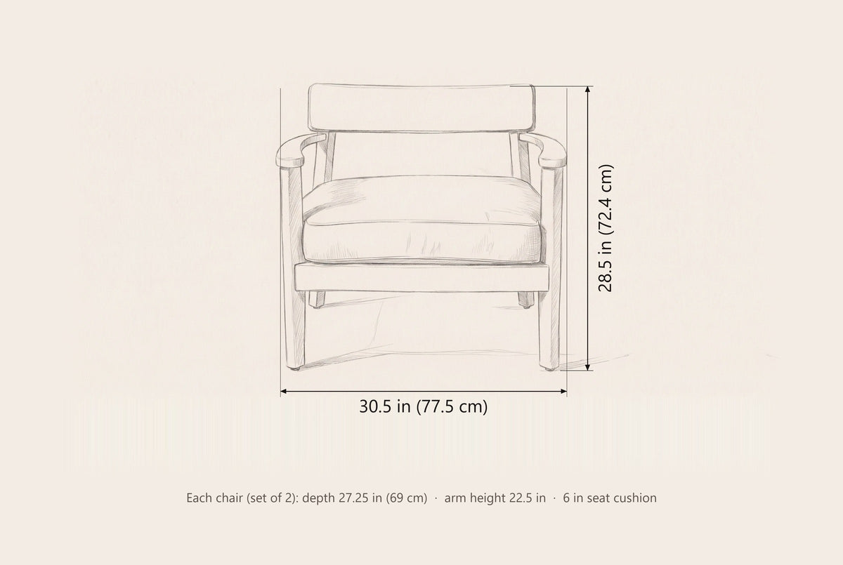 Furnari club chair dimensions: 30.5 in wide and 28.5 in high, each chair 27.25 in deep