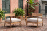 Two Furnari acacia club chairs in a New Orleans courtyard with a terracotta-pink plaster wall, green shutters, ferns and old brick paving (side table not included)