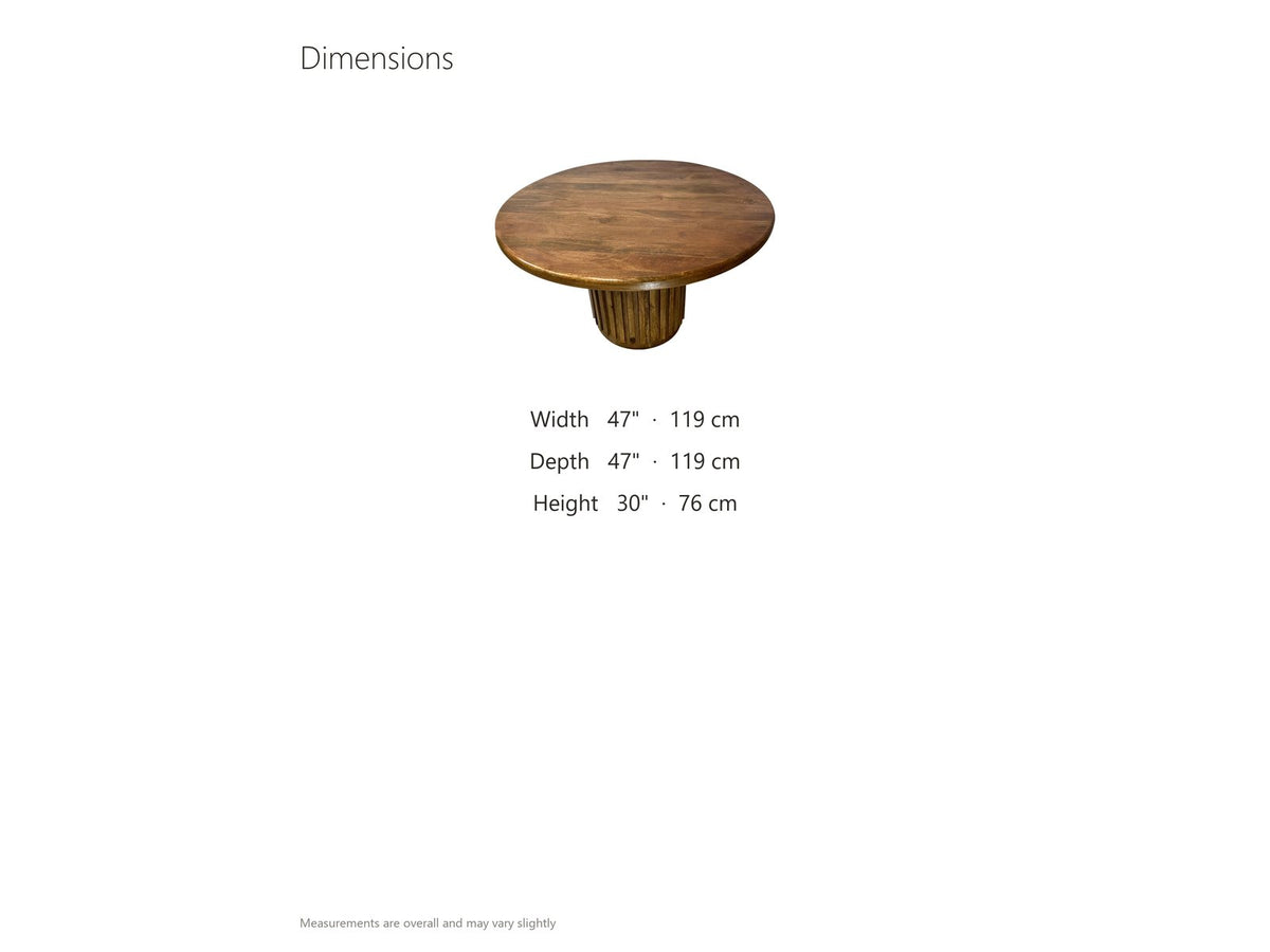 Fuscaldo 47-Inch Round Mango Wood Slatted Pedestal Dining Table dimensions: 47 in across and 30 in high